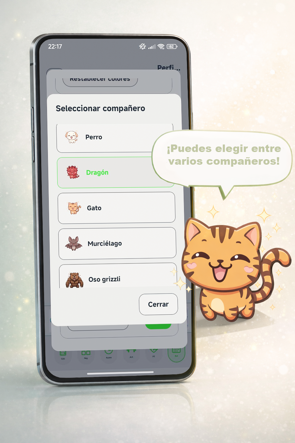 Seleccion de companeros virtuales en la app NutriLog