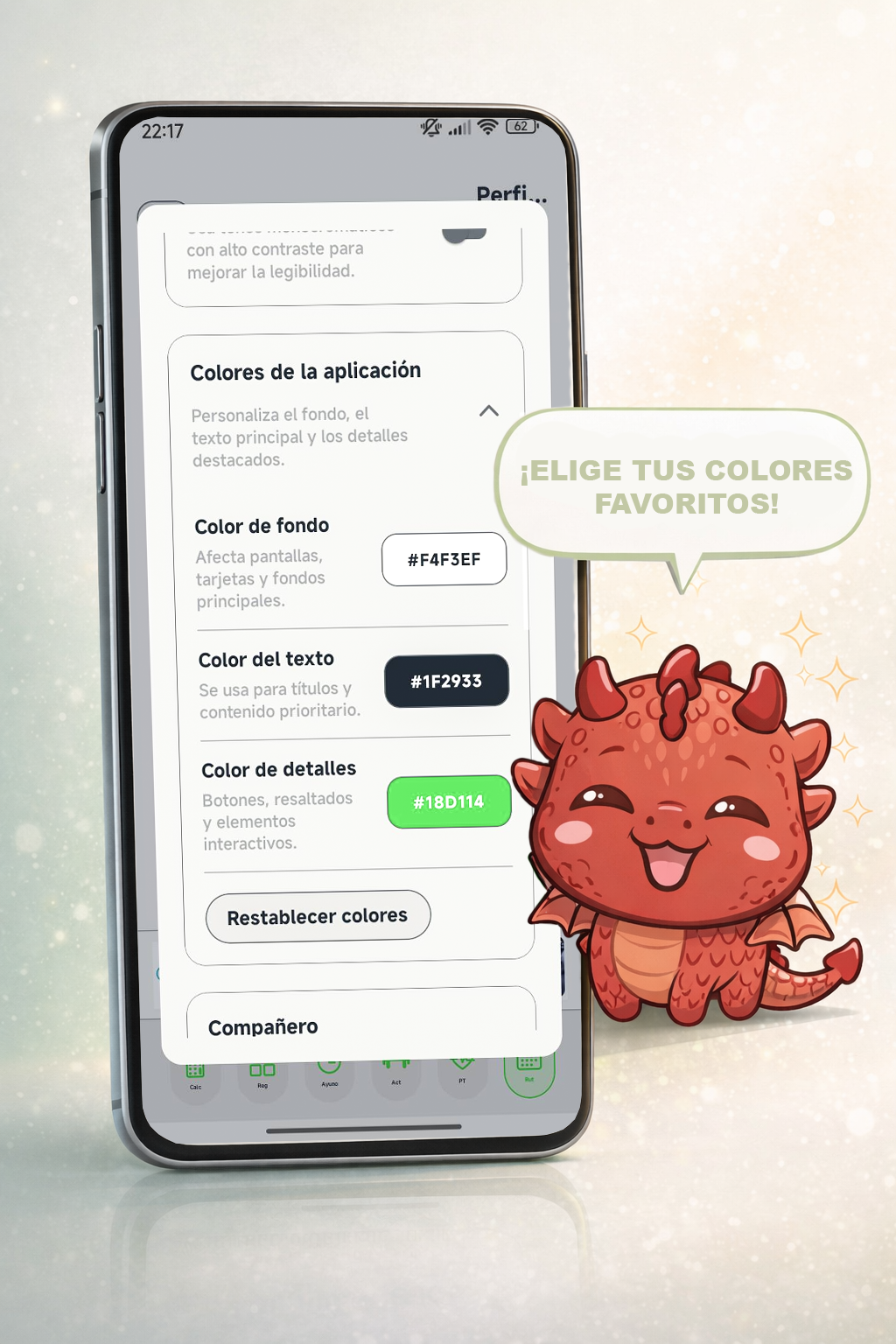 Personalizacion de colores y apariencia de la app NutriLog